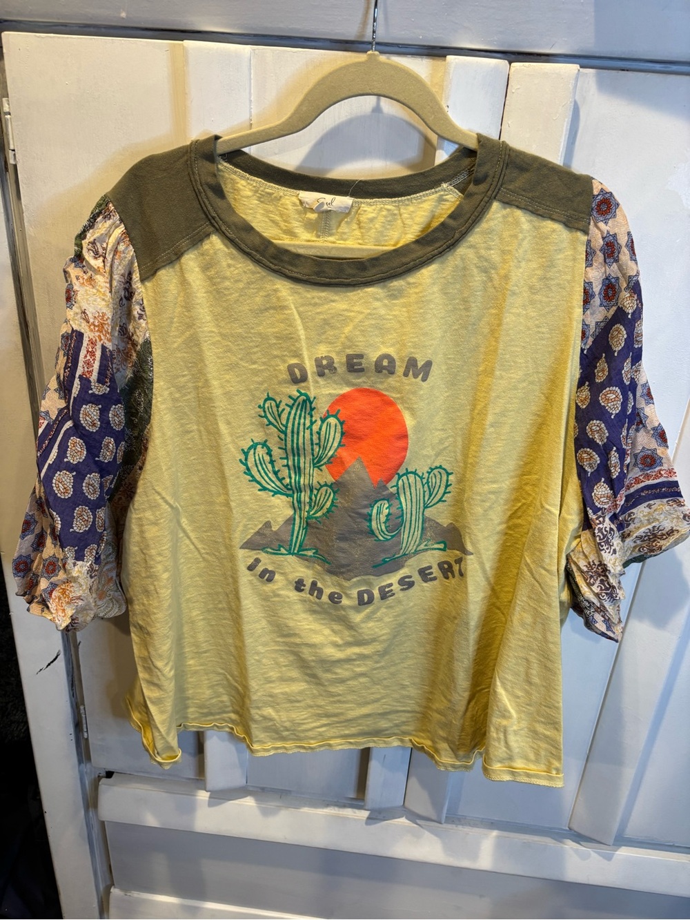 easel Yellow Graphic Tee with Purple Patterned Raglan Sleeves
